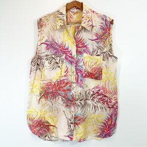 CABi Cream Tunic Top Tank Women’s XL Silk Colorful Ostrich Feather Print Hi-low